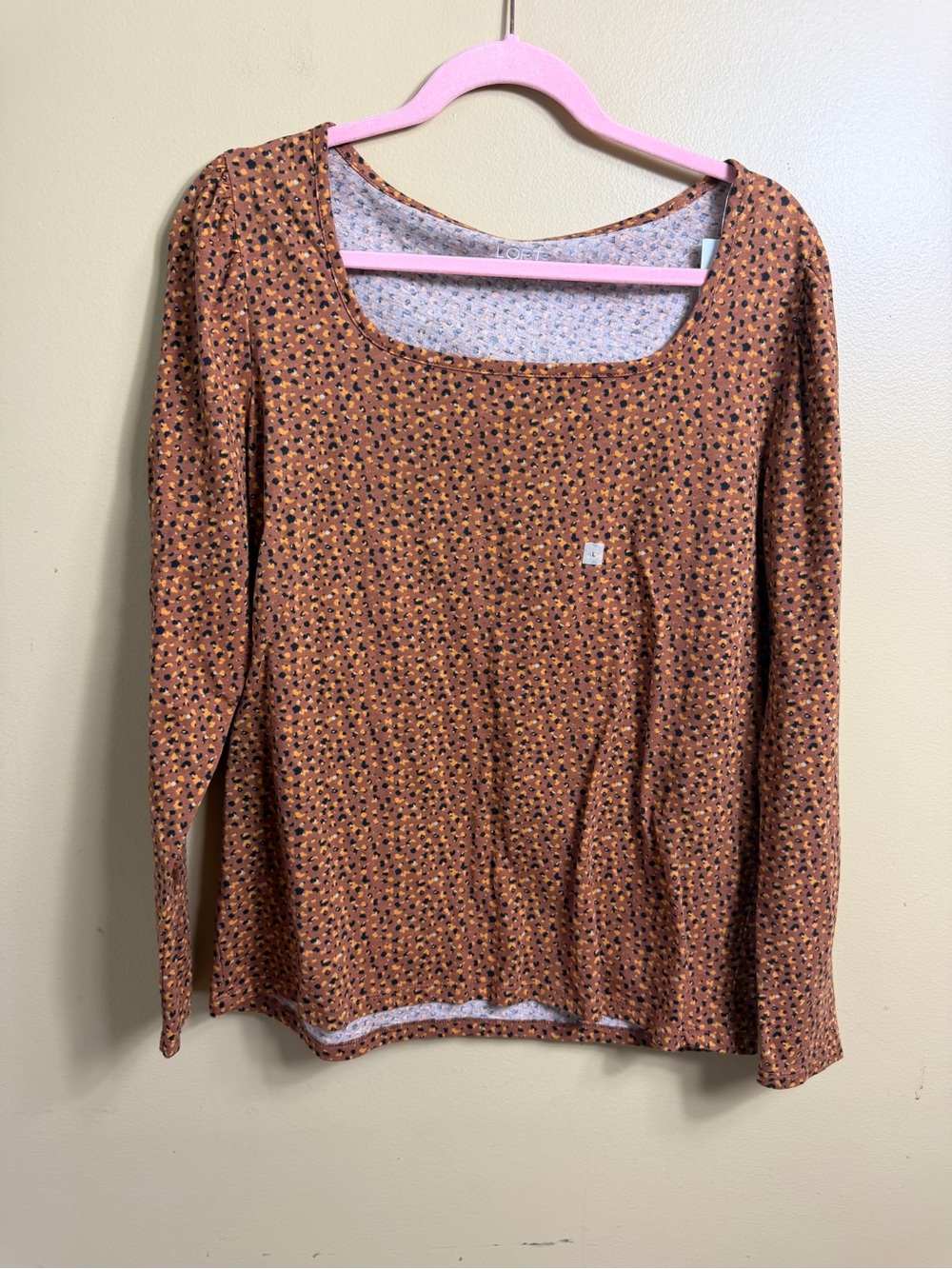 NWT LOFT Brown Animal Print Scoop Neck Long Sleeve Top - Size Large